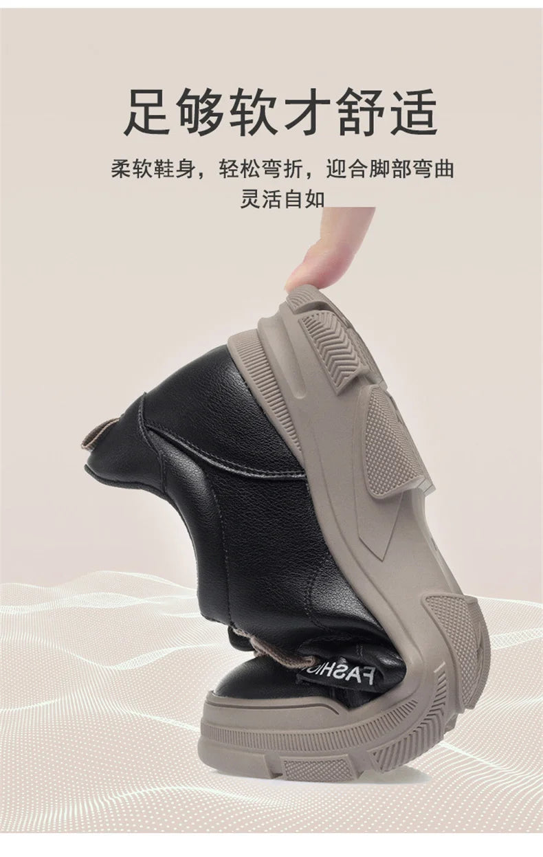 2024 Spring Non-slip Soft Leather Sneaker Trekking Footwear New Women's Thick-soled Lace-up Leisure Skateboard Sports Shoes
