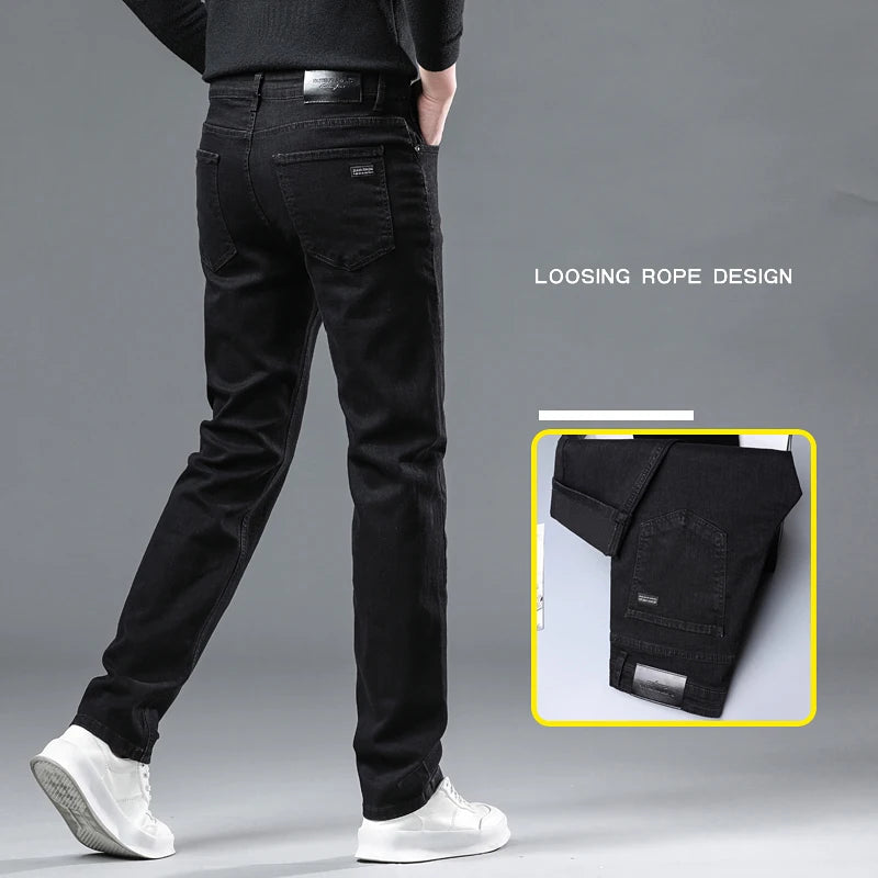 Men's Pure Black Jeans Version Trendy Straight Fit Pants Men's Comfortable  Elastic Classic Business Jeans brand Denim Trousers