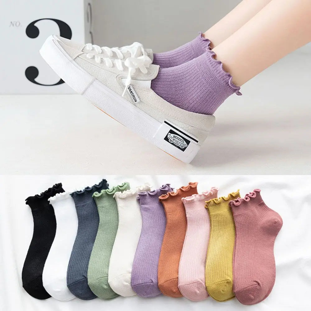 Cotton Women's Socks Frilly Ruffle Socks Spring Summer Casual Ankle Short Boat Socks Loose Knitting Solid Color Mid Tube Sock