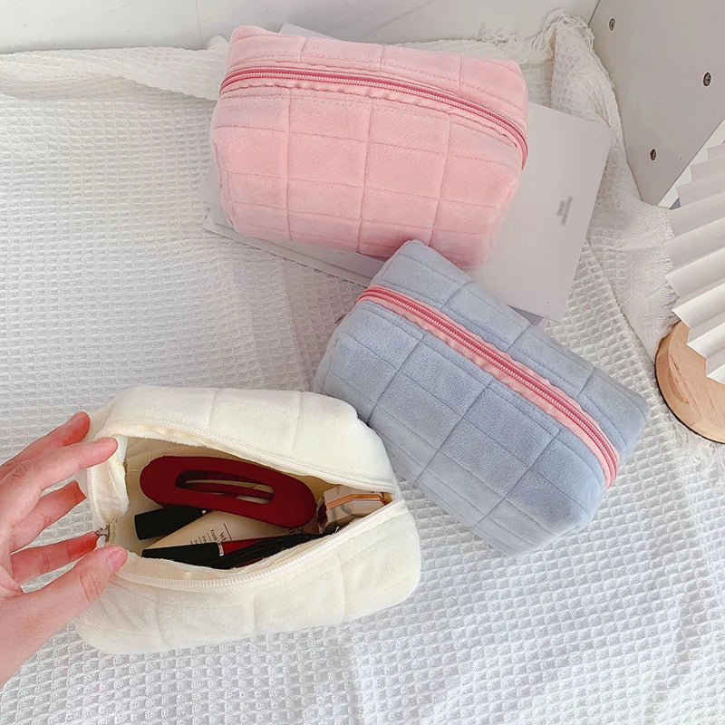 Women Zipper Fur Cosmetic Storage Bag Large Solid Makeup Organizer Handbag Stationery Pencil Case Travel Make Up Toiletry Punch