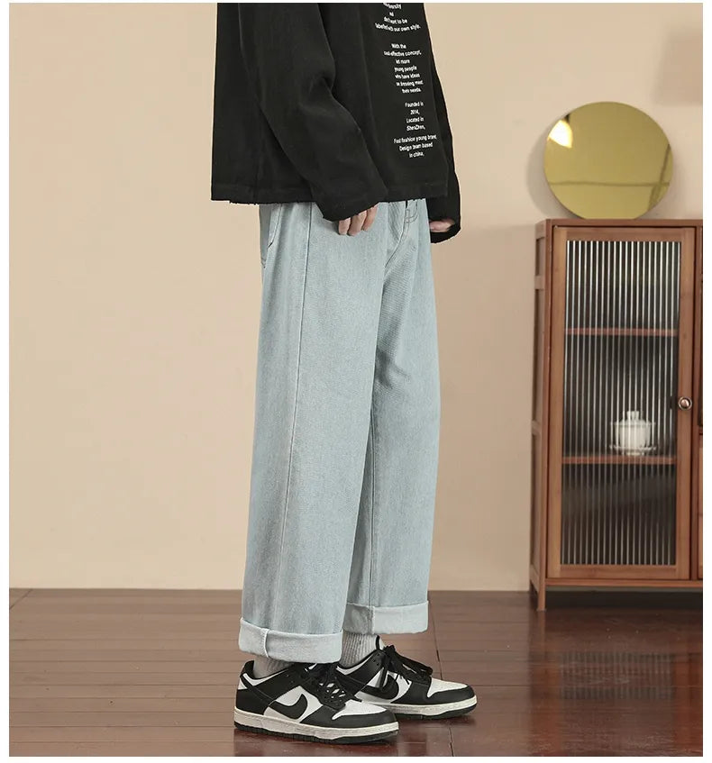 New Korean Fashion Men's Casual Ankle-Length Jeans Classic Man Straight Denim Wide-leg Pants Light Blue Grey Black 3XL