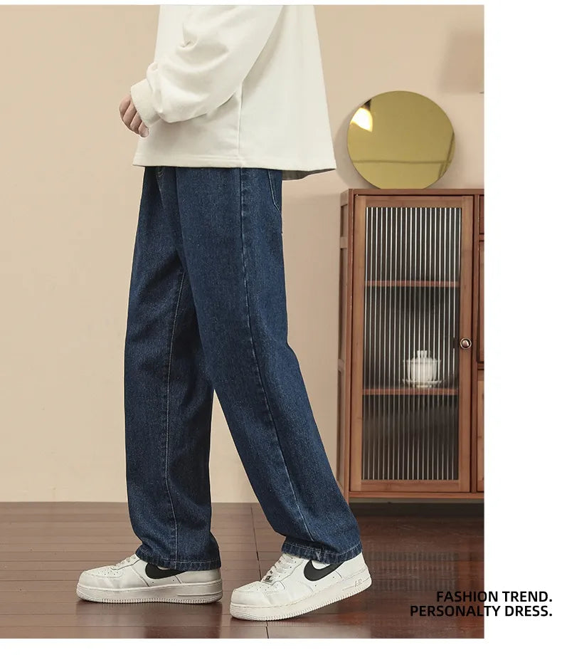 New Korean Fashion Men's Casual Ankle-Length Jeans Classic Man Straight Denim Wide-leg Pants Light Blue Grey Black 3XL