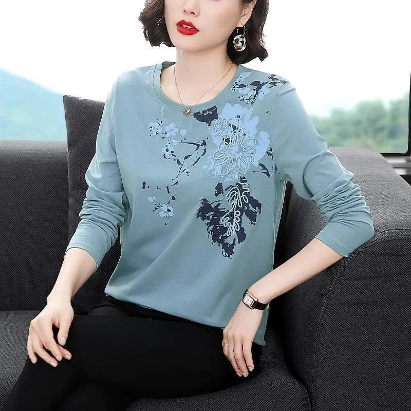 Spring Autumn New Fashion Pure Cotton T-Shirts Women's Clothing Printing Round Neck Long Sleeve Tees Loose Simplicity Thin Tops