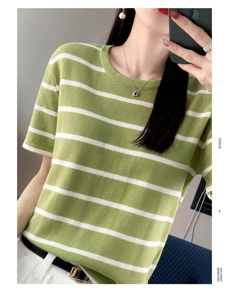 RONGYI Spring And Summer 100% Cotton Women's O-Neck Pullover Short Sleeve T-Shirt Striped Knitting Fashion Casual Spacious Top