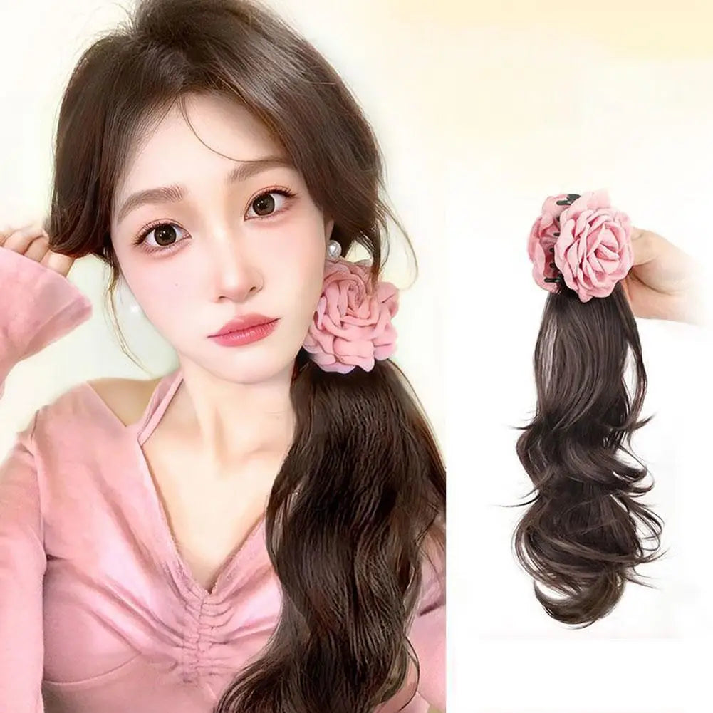A Ponytail Wig For Women With Rose Hair Clips And High-temperature Silk Long Hair With Large Wave Ties And Ponytail Braids