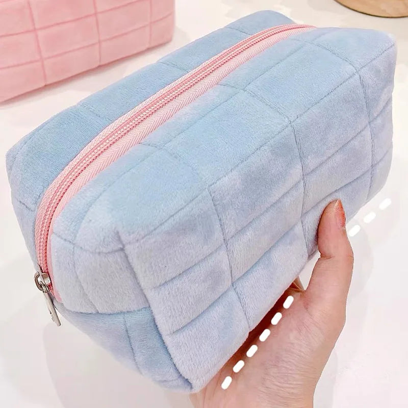 Women Zipper Fur Cosmetic Storage Bag Large Solid Makeup Organizer Handbag Stationery Pencil Case Travel Make Up Toiletry Punch