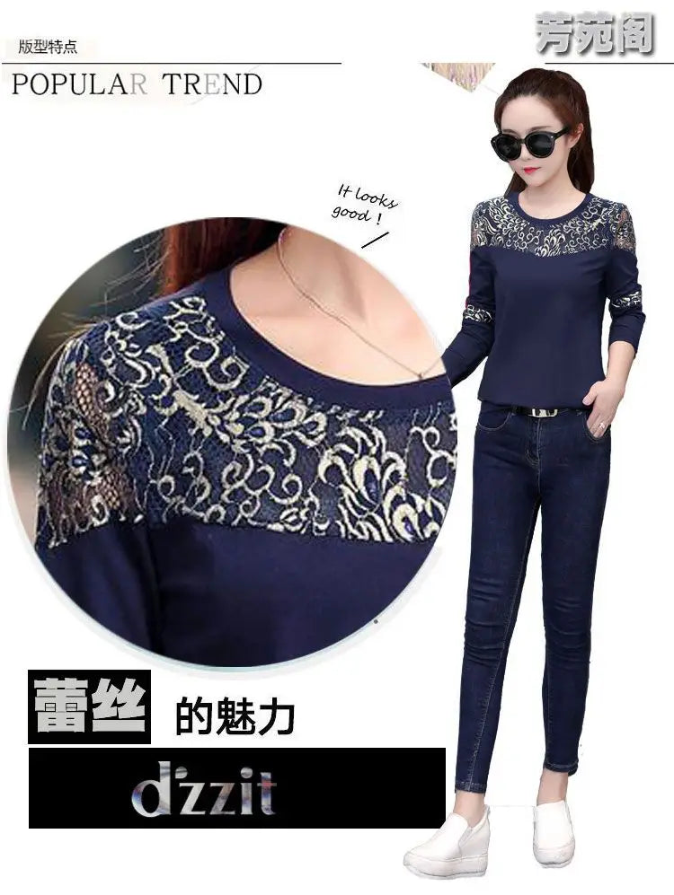 O-Neck Dark Blue Pure Cotton Long Sleeve Hollow Out Top Tee Gold Stripe Pattern Street Leisure Style White Plaid T-Shirts Ladies