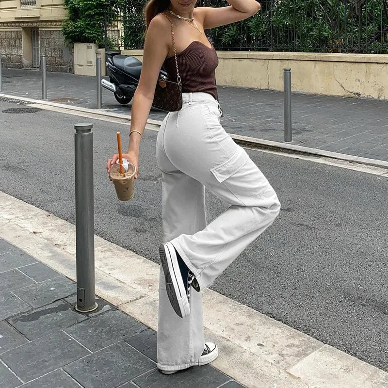 2024 New Women's Fashionable Straight Leg Jeans Casual High Waisted Street Pocket Loose Pants White Apricot Cotton Women's Jeans