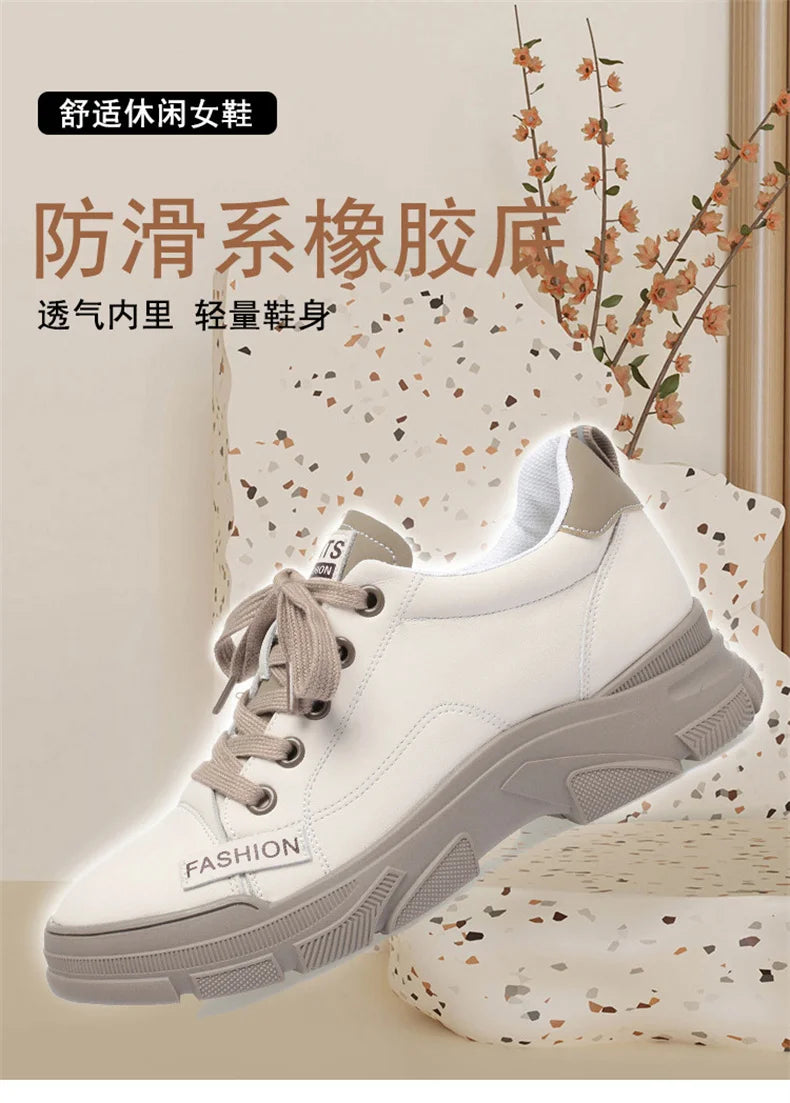 2024 Spring Non-slip Soft Leather Sneaker Trekking Footwear New Women's Thick-soled Lace-up Leisure Skateboard Sports Shoes