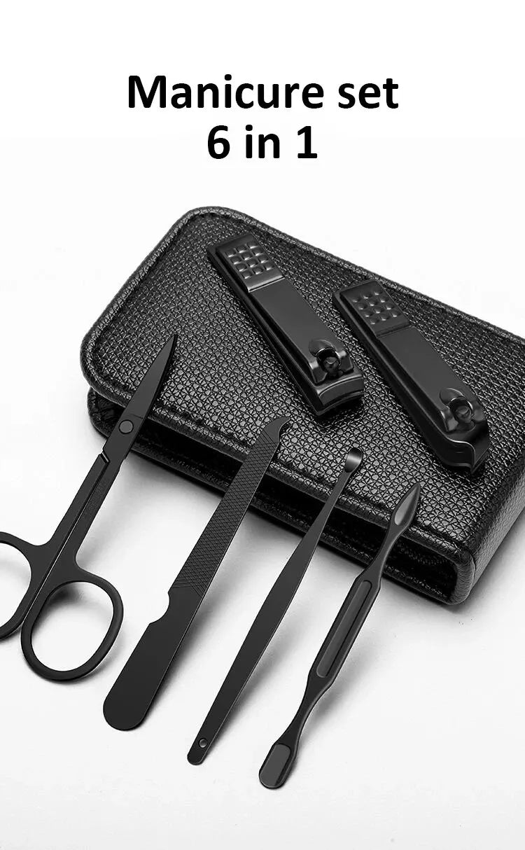 New 6 Pcs Portable Luxury Manicure Sets Pedicure Kits Bright Black Nail Clipper Set Personal Care Tools Eyebrow Scissors