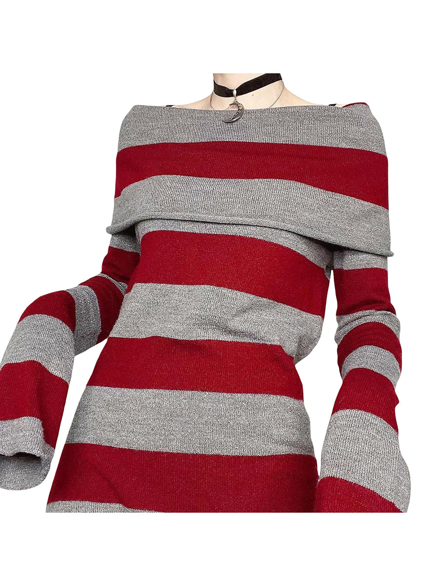 Women Y2K Knit Mini Dress Striped Long Sleeve Off Shoulder Bodycon Short Sweater Dress Trendy Night Club Streetwear