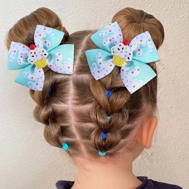 ncmama 2Pcs/set Grosgrain Ribbon Hair Bows Clips For Baby Girls Dessert Hairpin Barrettes Children Headdress Kids Headwear Gifts