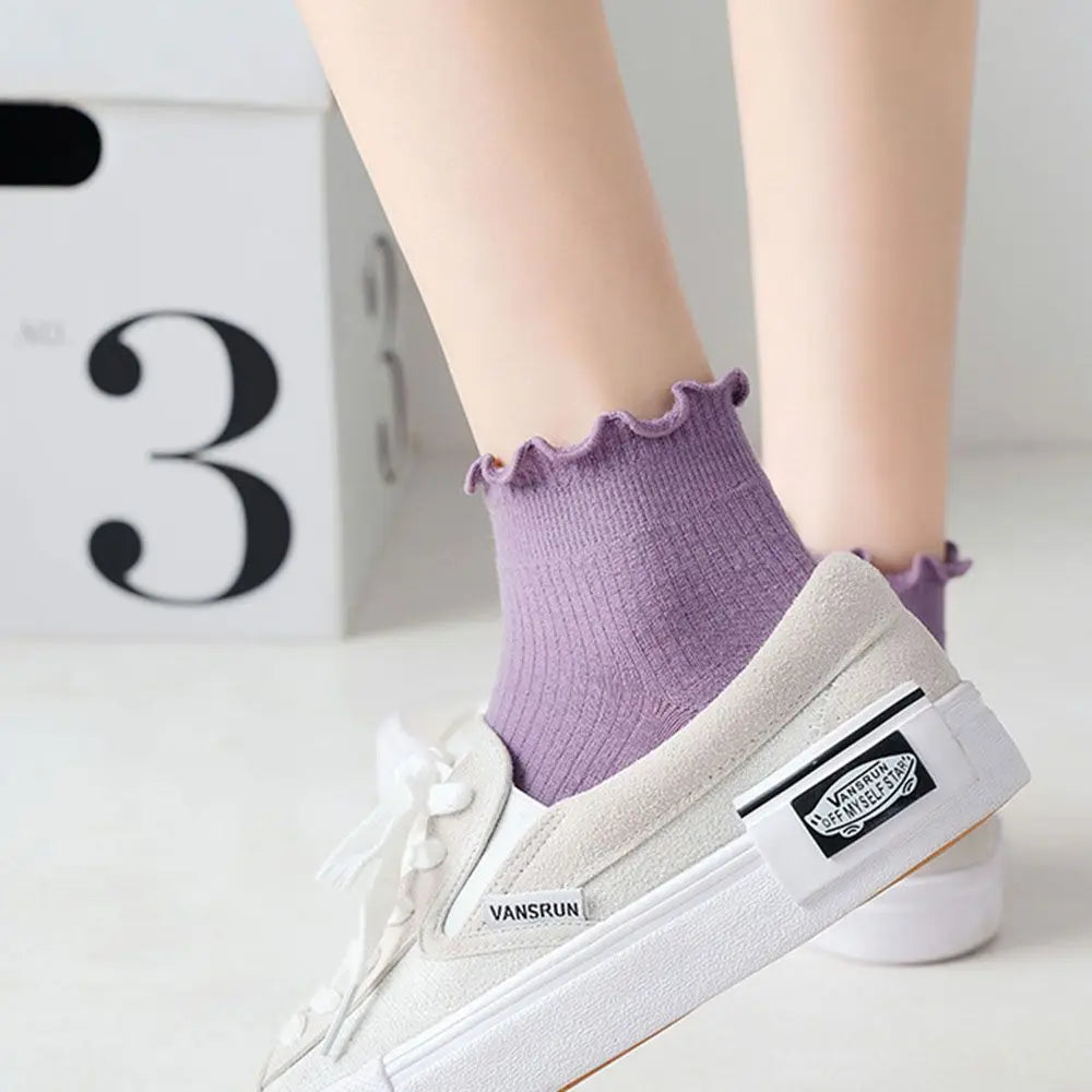 Cotton Women's Socks Frilly Ruffle Socks Spring Summer Casual Ankle Short Boat Socks Loose Knitting Solid Color Mid Tube Sock