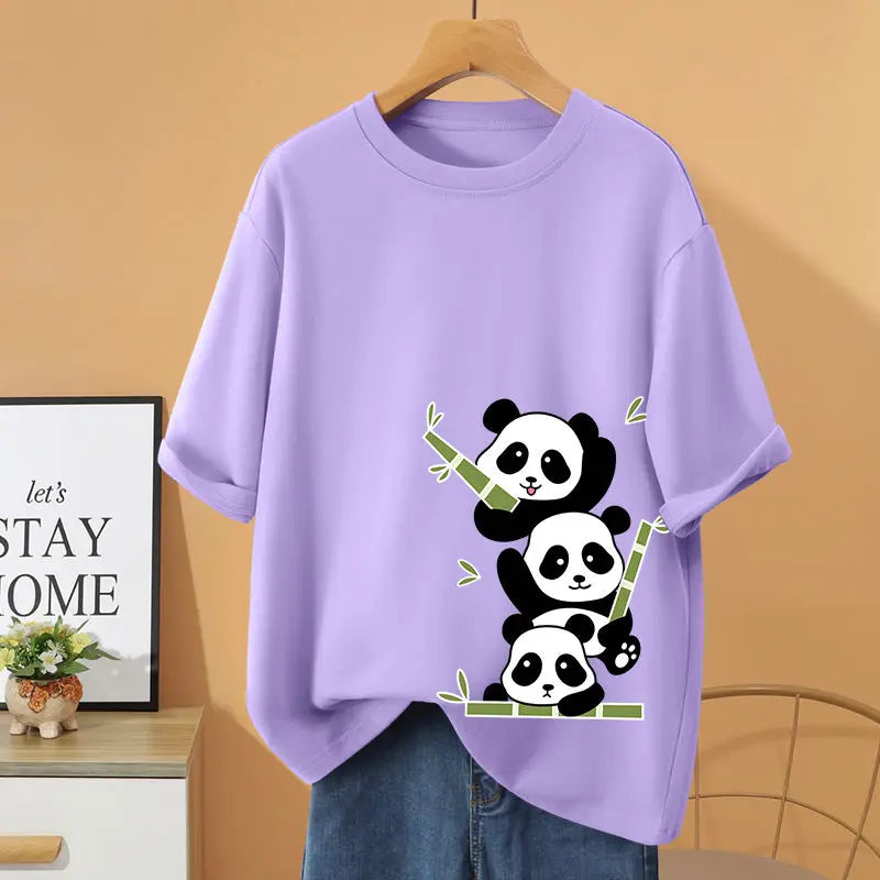 Women Clothing 100% Cotton Cartoon Printed T-shirt, Summer Loose Casual Short Sleeve Top Tee, Vintage O-neck Basic Pullovers