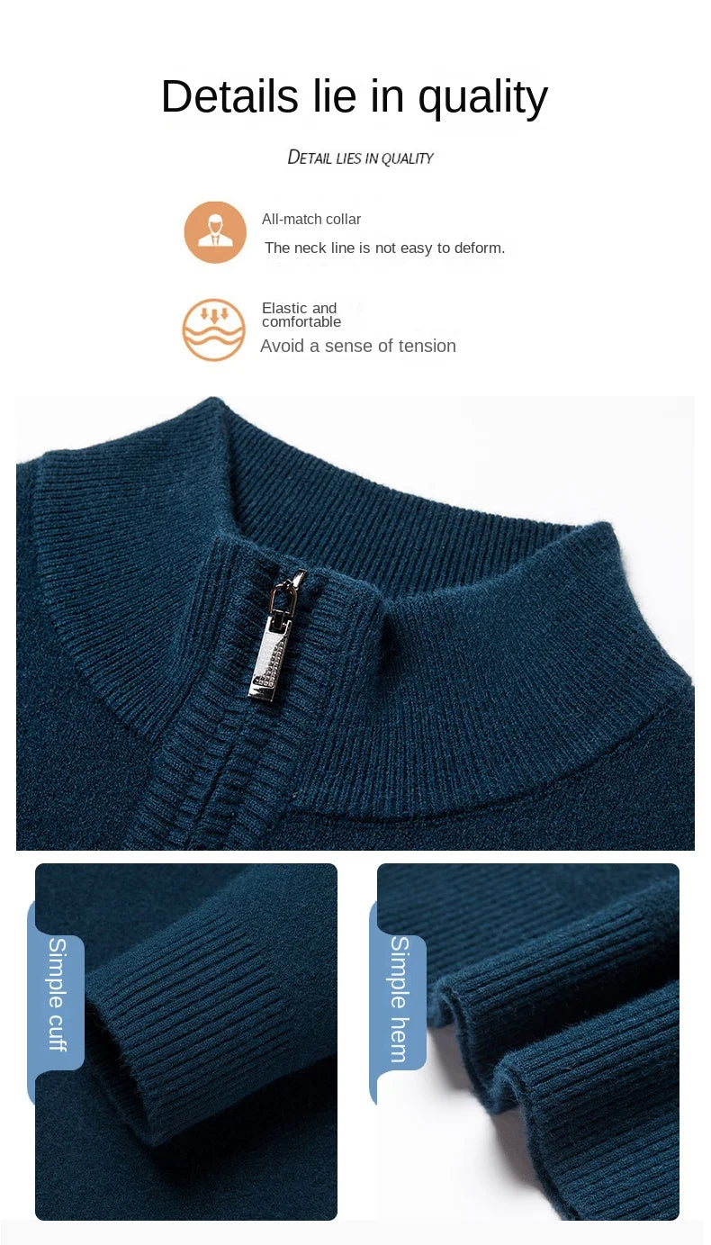 Men's autumn and winter high collar half zipper 100% wool sweater 2024 thick long sleeve warm pullover business casual knitted s