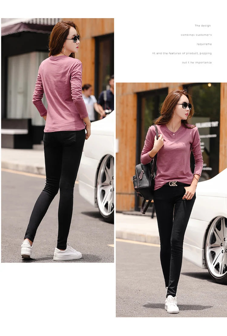 2024 Long Sleeve Spring Women Slub Cotton T Shirts Female Button Green V-Neck Solid Color T-shirt Coffee Korean Soft Loose Tops
