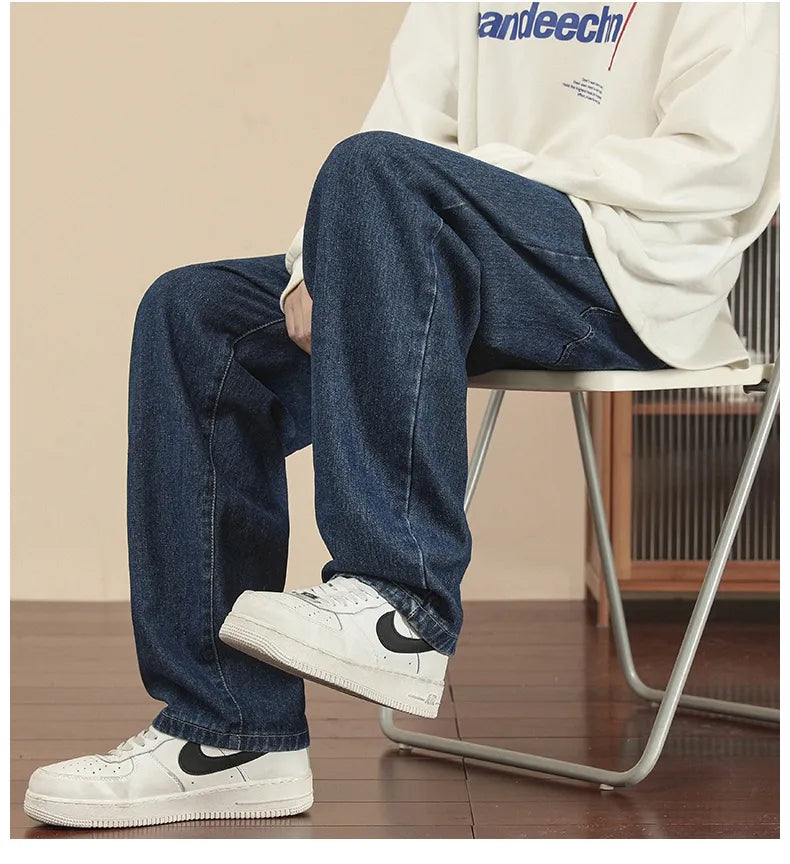New Korean Fashion Men's Casual Ankle-Length Jeans Classic Man Straight Denim Wide-leg Pants Light Blue Grey Black 3XL