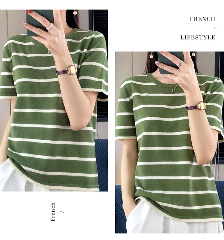 RONGYI Spring And Summer 100% Cotton Women's O-Neck Pullover Short Sleeve T-Shirt Striped Knitting Fashion Casual Spacious Top