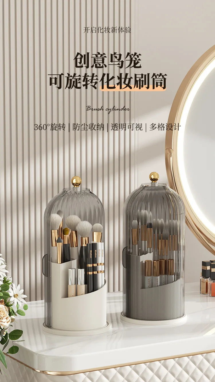 Makeup Brush Holder 360° Rotating With Lid Lipstick Eyebrow Pencil Holder Eye Shadow Storage Box Bird Cage Cosmetic Organizer