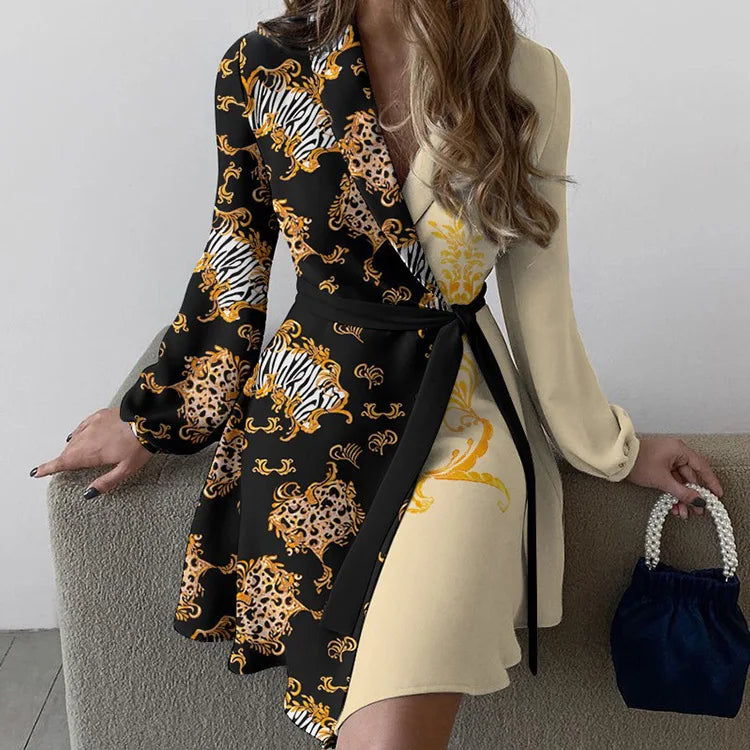 Women Summer Style One-piece Color Blocked Lace Up Dress With V-neck Long Sleeved High Waisted Lace Up Retro Floral Short Skirt