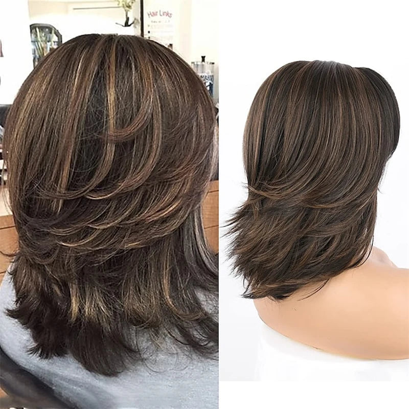 HAIRJOY Synthetic Hair Short Layered Wigs With Curtain Bangs Brown BOB Layered Wigs for Women  Pixie Cut Layered Wigs