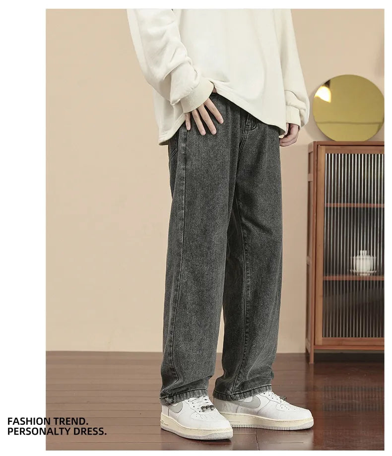 New Korean Fashion Men's Casual Ankle-Length Jeans Classic Man Straight Denim Wide-leg Pants Light Blue Grey Black 3XL