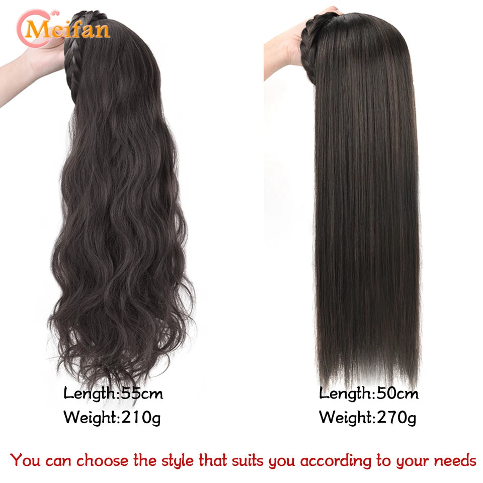 MEIFAN Long Wavy Curly U-shaped With HairBand Synthetic Natural Fake Hairpiece Black Brown Fluffy Half Wig Extension for Women