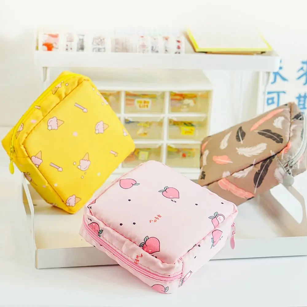 Tamper-Proof Sanitary Pad Tissue Bags Cartoon Change Coin Clip Towel Napkin Credit Card Holder Makeup Organizer Headphone Case