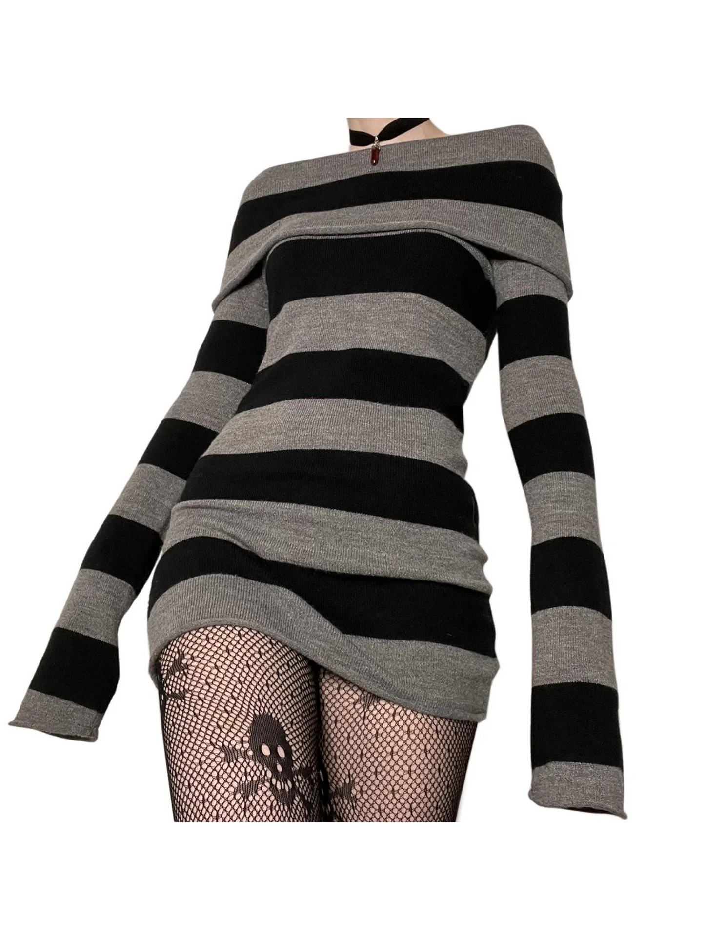 Women Y2K Knit Mini Dress Striped Long Sleeve Off Shoulder Bodycon Short Sweater Dress Trendy Night Club Streetwear