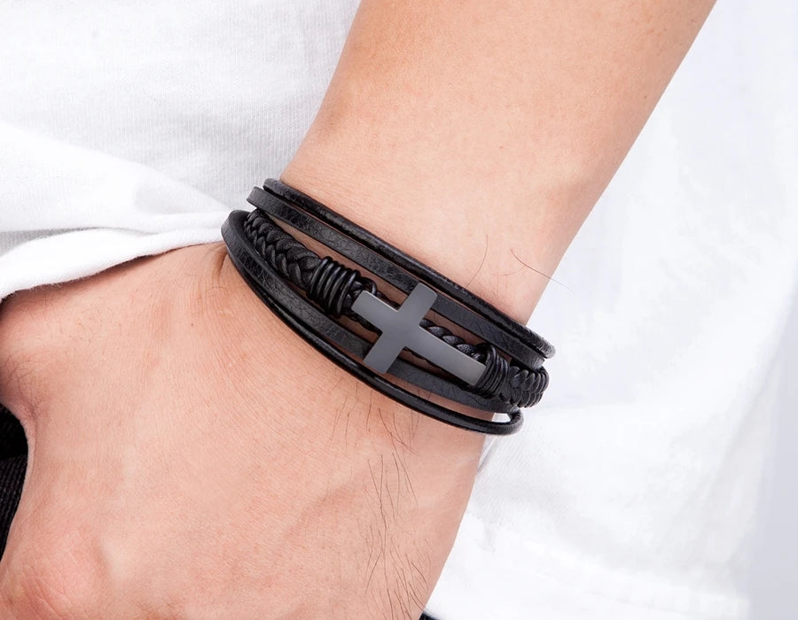 2023 Luxury Multicolor Cross Design Classic Stainless Steel Men's Leather Bracelet 19/21/23cm Choose Handsome Christmas Gifts