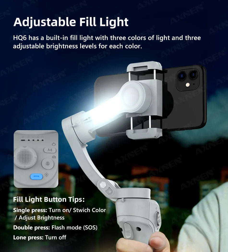 Handheld 3-Axis Smartphone Gimbal Stabilizer with Anti-Shake, Built-in Fill Light, Ideal for iPhone Android Vlogging and Tiktok