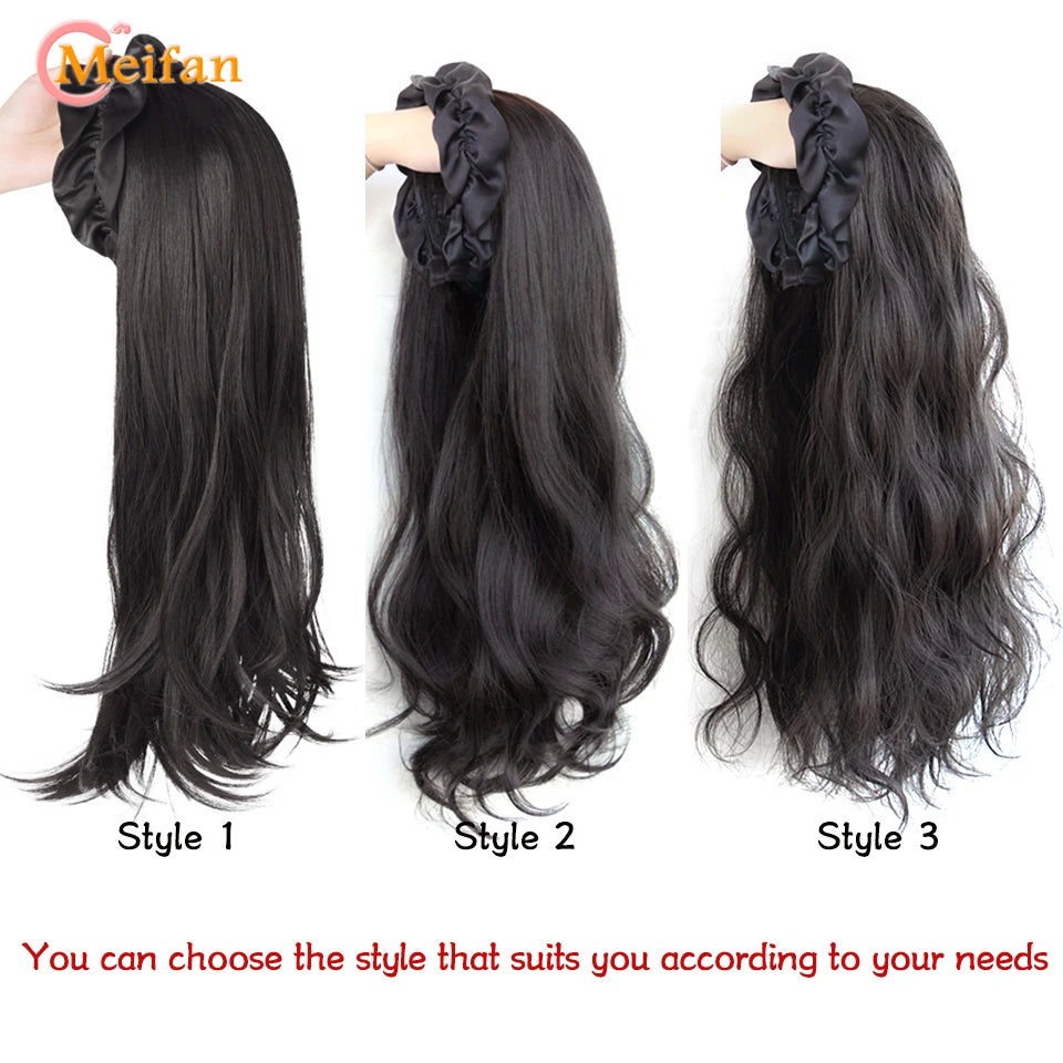 MEIFAN Long Wavy Curly U-shaped With HairBand Synthetic Natural Fake Hairpiece Black Brown Fluffy Half Wig Extension for Women