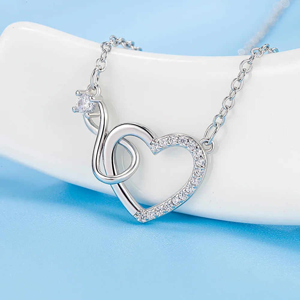 925 Sterling Silver Zircon Heart Interlocking Necklaces For Women Luxury Quality Jewelry Gift Female Free Shipping Items GaaBou