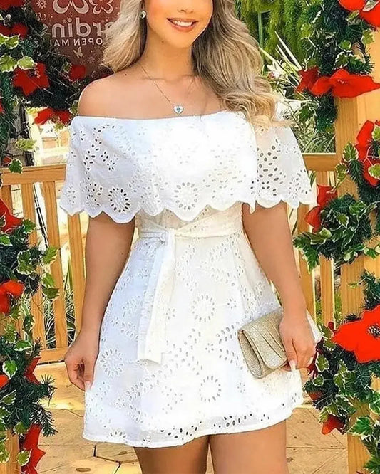 Summer Hollow Out White Dress Women 2023 New Fashion Off Shoulder Lace Up Mini Dress Fashion Lace Splicing Holiday Long Dresses