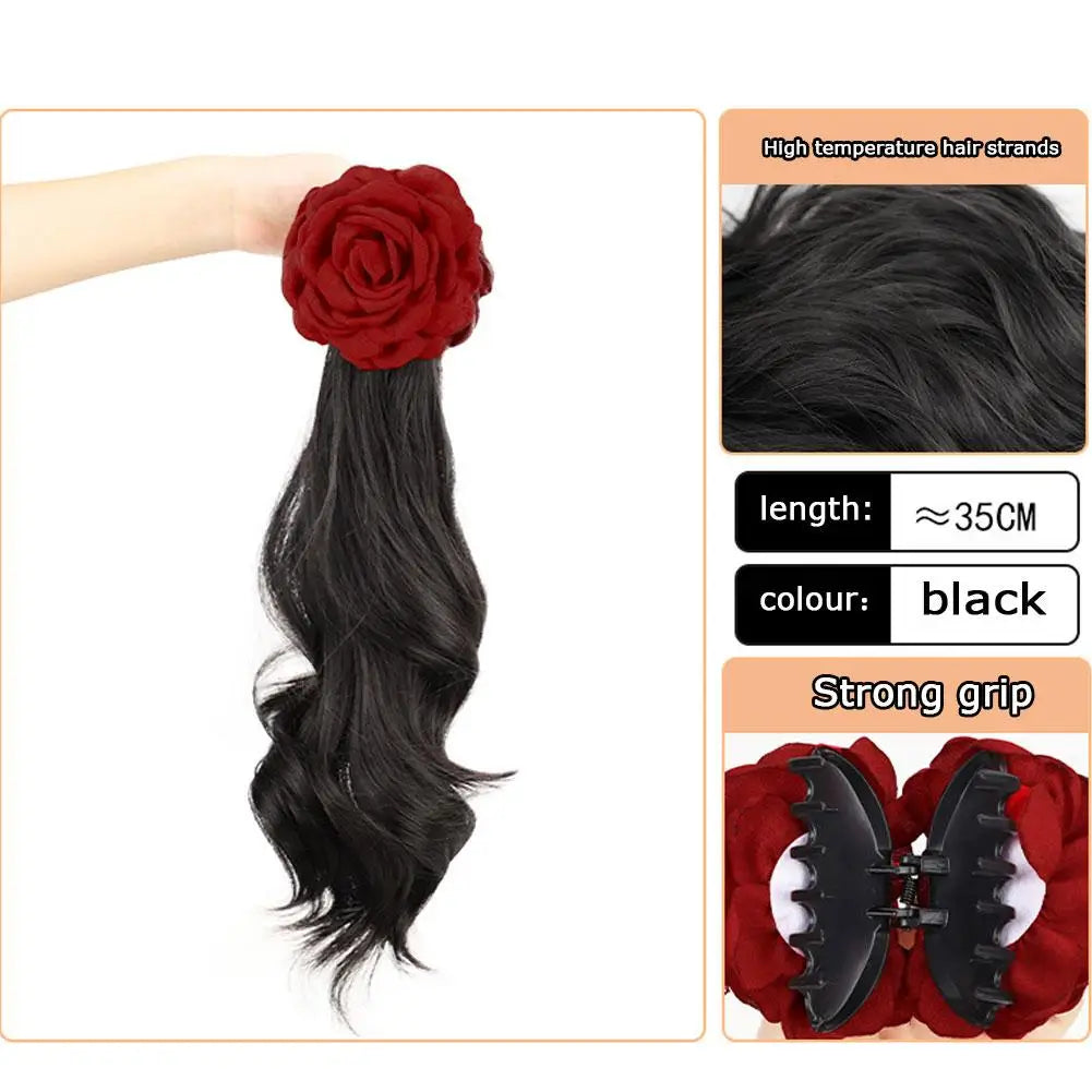 A Ponytail Wig For Women With Rose Hair Clips And High-temperature Silk Long Hair With Large Wave Ties And Ponytail Braids
