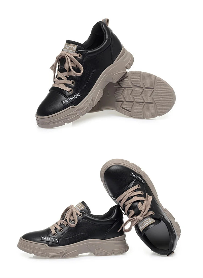 2024 Spring Non-slip Soft Leather Sneaker Trekking Footwear New Women's Thick-soled Lace-up Leisure Skateboard Sports Shoes