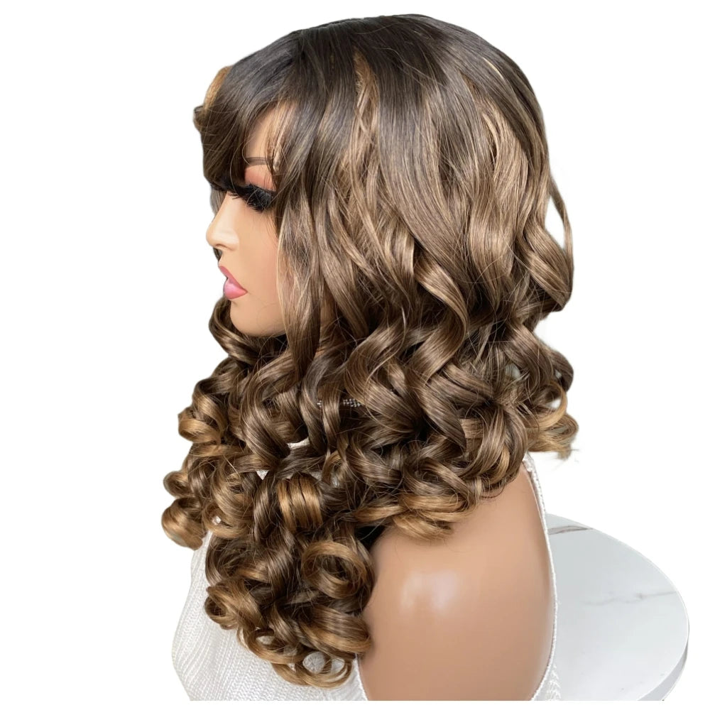 Blonde Curly Synthetic Wig Long Curly Wigs with Bangs for Women Synthetic Hair Wig Vintage Hairstyle for Daily Use Party Cosplay