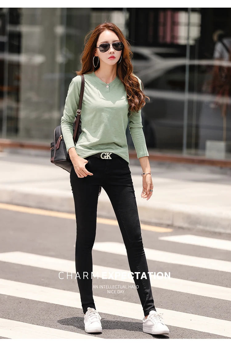 2024 Long Sleeve Spring Women Slub Cotton T Shirts Female Button Green V-Neck Solid Color T-shirt Coffee Korean Soft Loose Tops