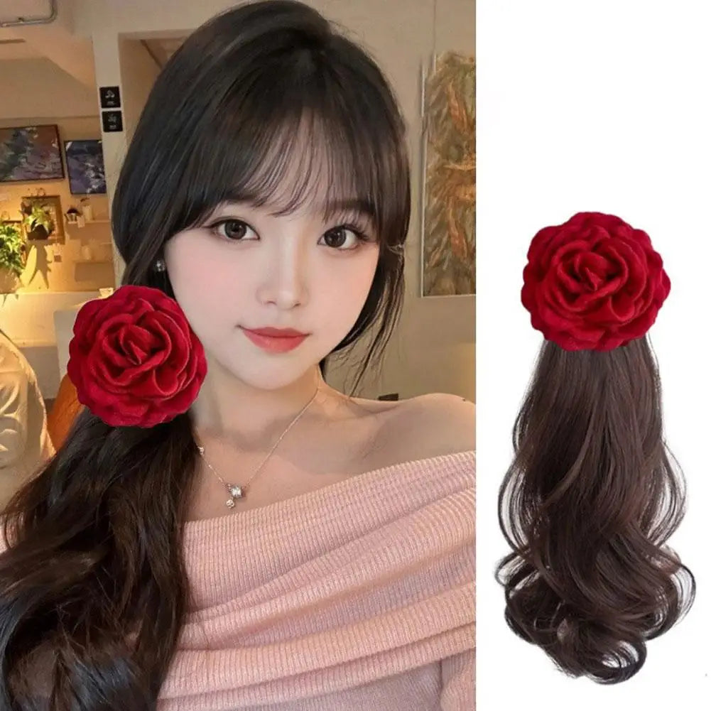 A Ponytail Wig For Women With Rose Hair Clips And High-temperature Silk Long Hair With Large Wave Ties And Ponytail Braids