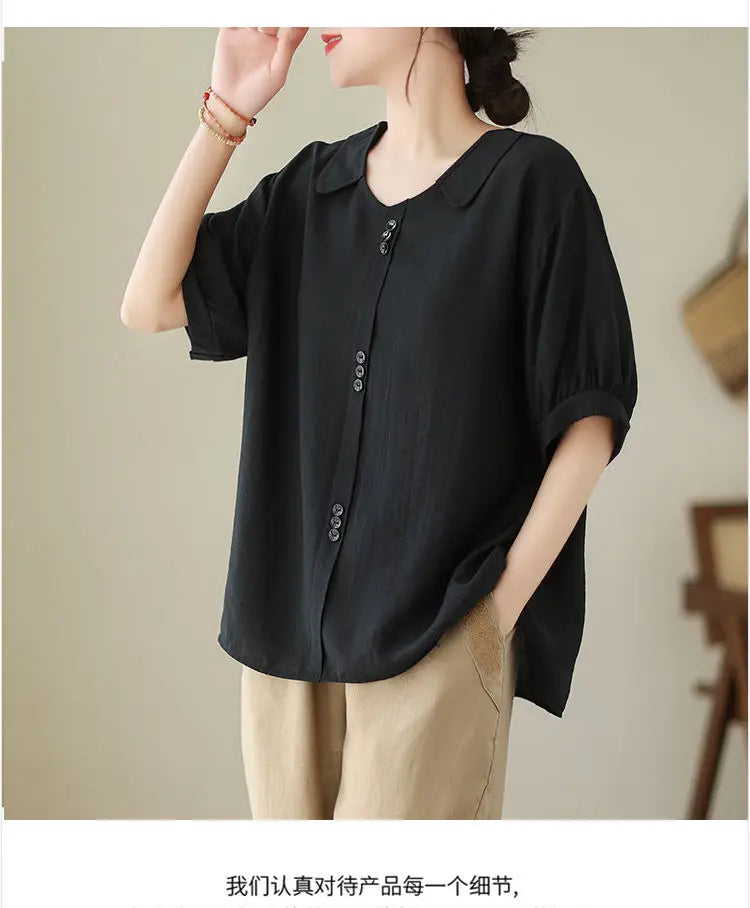 Women Summer Simplicity Loose Large Size Elegant Cotton and Linen Short Sleeve T-Shirt Women Clothes Casual Appear Thin Top Tee
