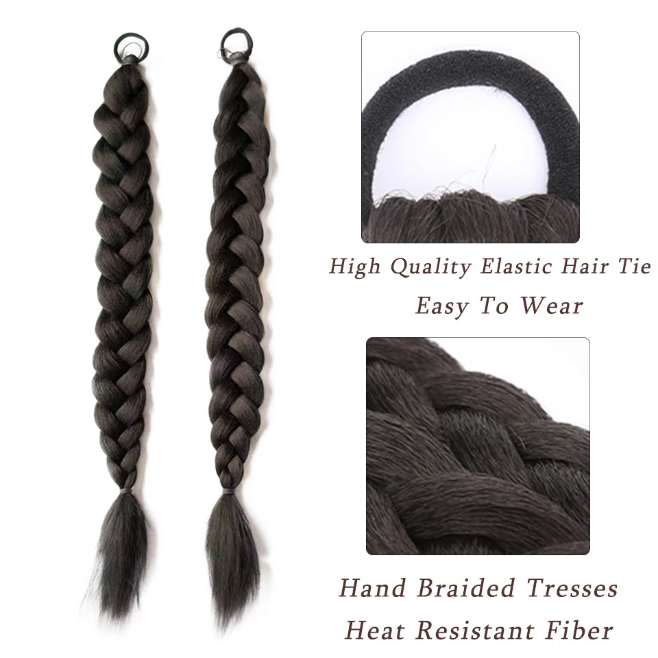 DIFEI Synthetic Boxer Ponytail Hair Extensions Elastic Hair Rope Wigs Natural Black Heat Resistant Braided Fakehair for Women
