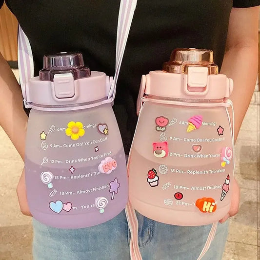1/4PCS Large Capacity Frosted Mug Travel Portable Sports Bottle Plastic Cup Handheld Shoulder Strap Water Bottle Straw Mug