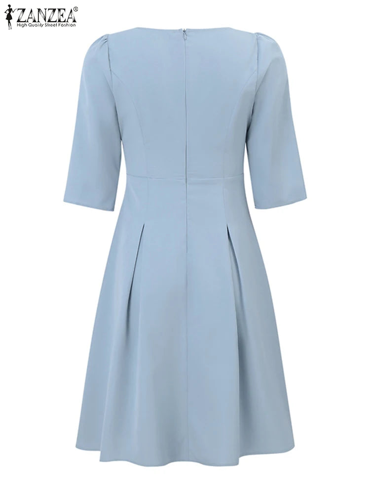 ZANZEA Fashion Summer Dress Women Half Sleeve Square Collar Sundress Elegant Party Vestido Casual Solid OL Work Dresses Robe