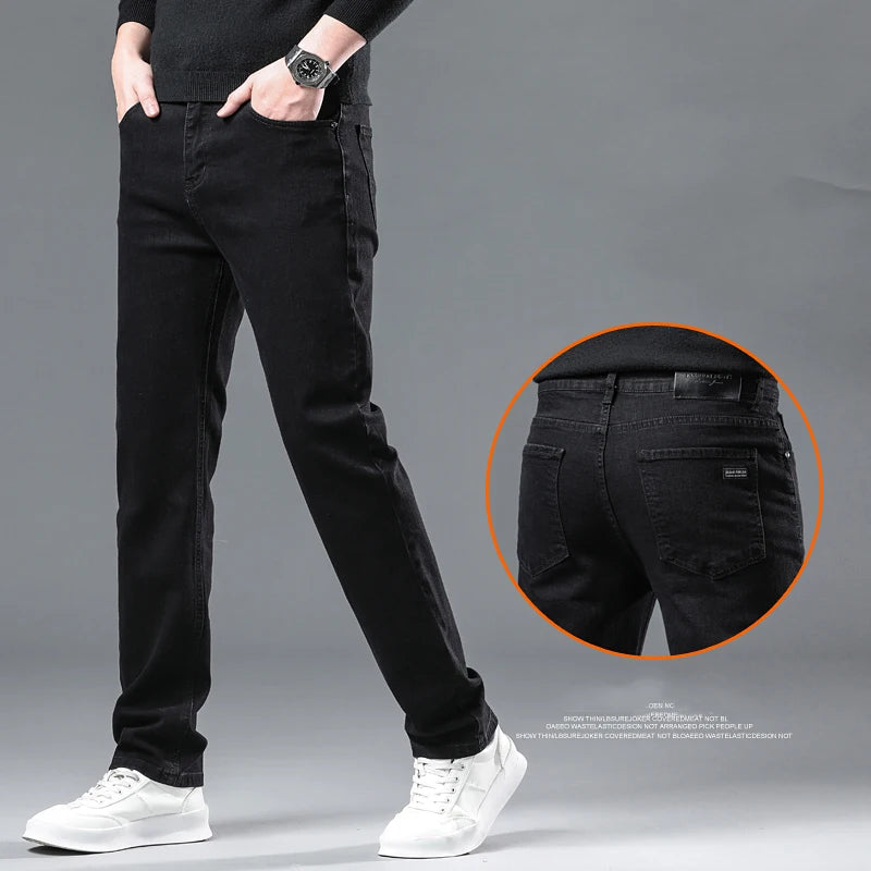 Men's Pure Black Jeans Version Trendy Straight Fit Pants Men's Comfortable  Elastic Classic Business Jeans brand Denim Trousers