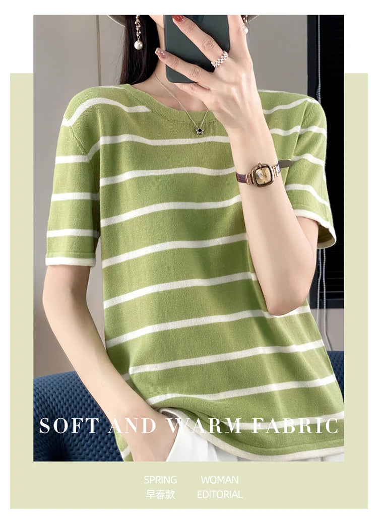 RONGYI Spring And Summer 100% Cotton Women's O-Neck Pullover Short Sleeve T-Shirt Striped Knitting Fashion Casual Spacious Top