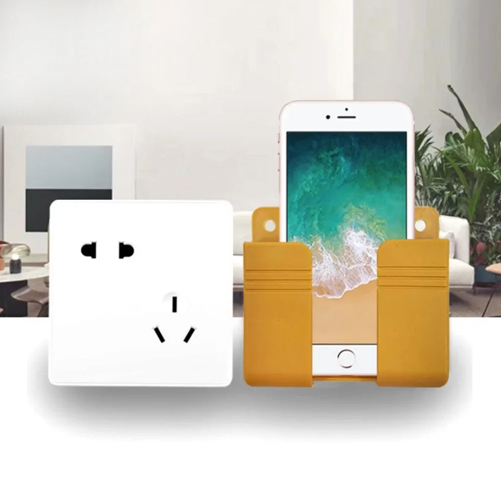 Wall Mounted Phone Holder for IPhone Punch Free Wall Mobile Phone Charging Stand Lazy Sticky Remote Control Storage Box Bracket