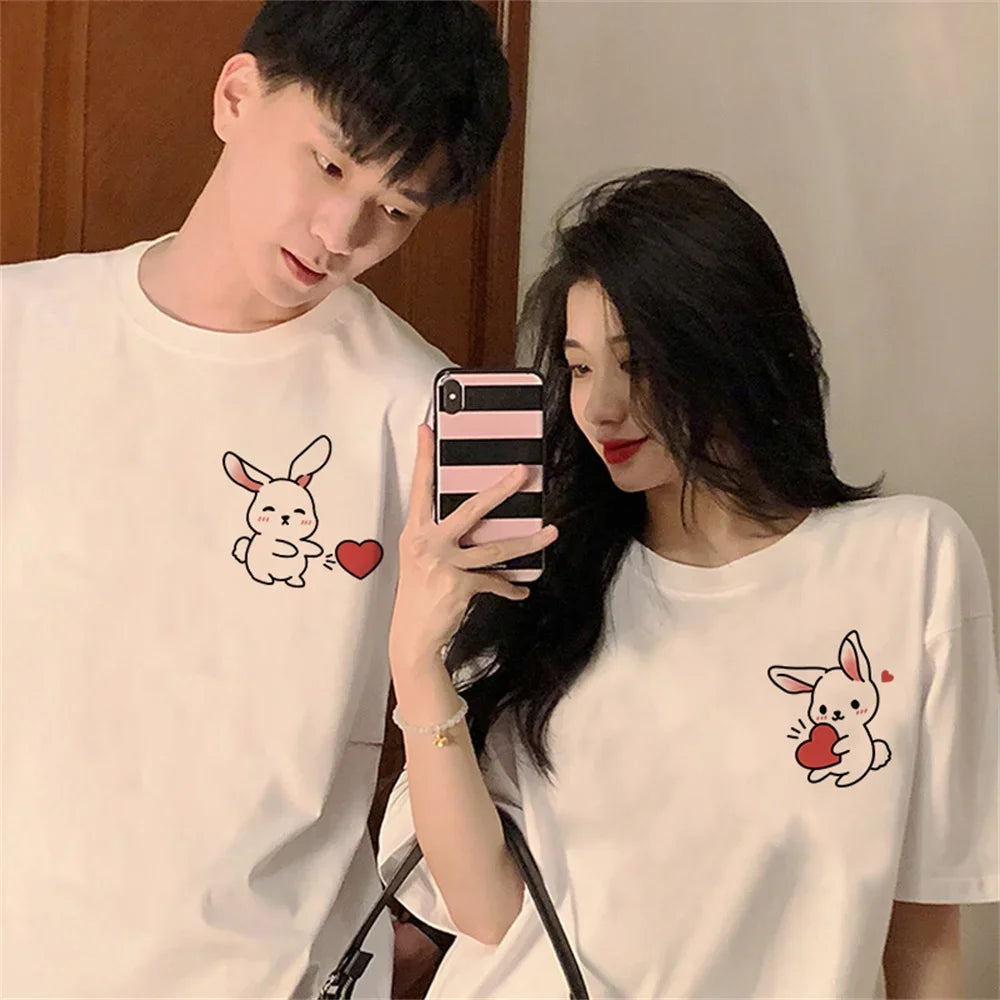 Summer Fashion Cartoon Love Rabbit Couple T-Shirt for Boyfriend Top Quality Cotton Men Women Short Sleeve Tshirt