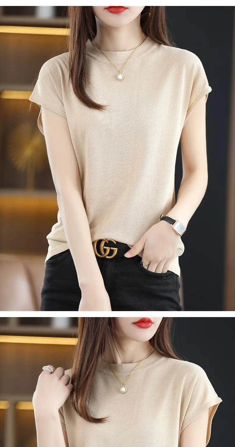 Fashion Solid Color Knitted Loose Korean T-Shirt Women's Clothing 2023 Spring New Casual Pullovers All-match Tee Shirt