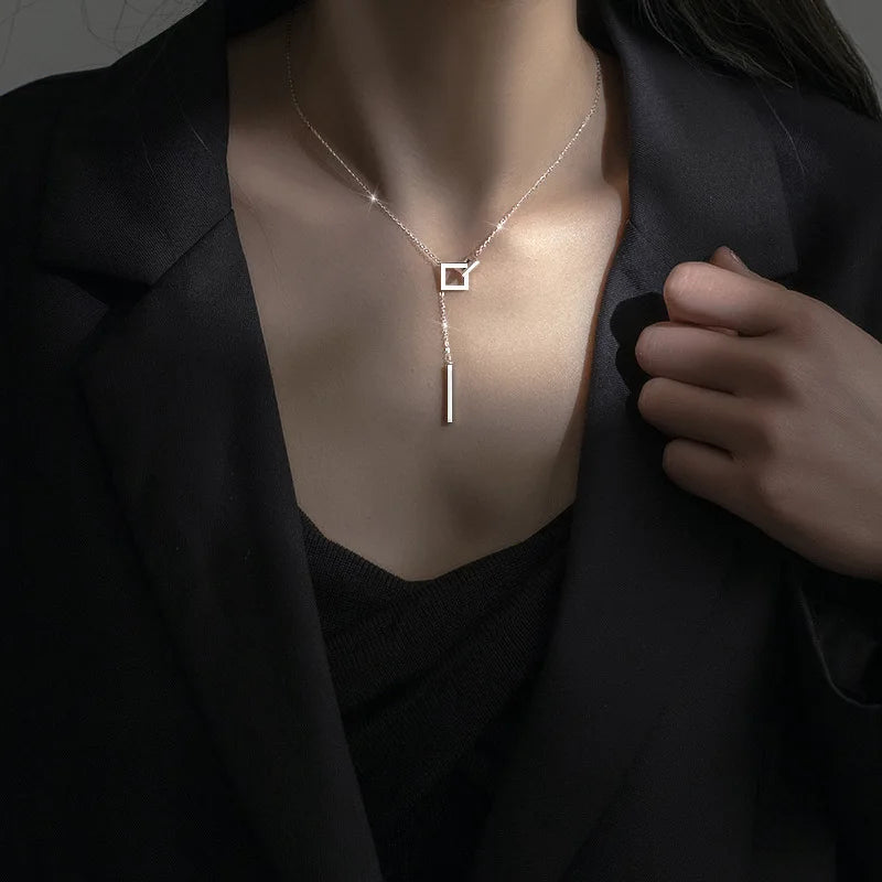 925 Sterling Silver Geometric Square Necklace with Straight Tassel Long Collar Chain Neckchain Sweater Chain Wedding Jewelry