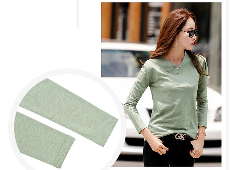 2024 Long Sleeve Spring Women Slub Cotton T Shirts Female Button Green V-Neck Solid Color T-shirt Coffee Korean Soft Loose Tops